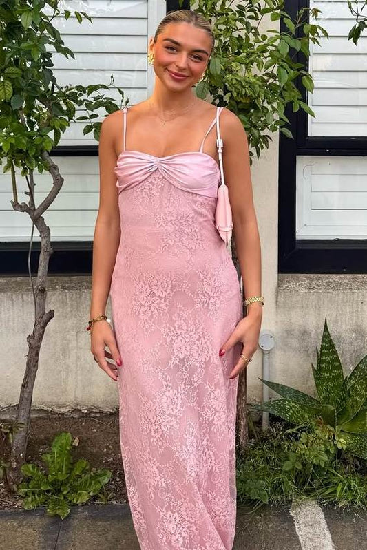 Pink Spaghetti Straps Lace Appliques Sleeveless Long Prom Dress