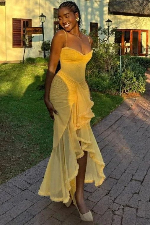 Spaghetti Straps Ruffles Sleeveless Tulle Long Party Prom Dress