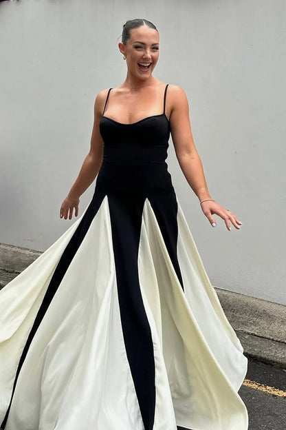 Spaghetti Straps A-Line Black&White Sleeveless Long Prom Dress