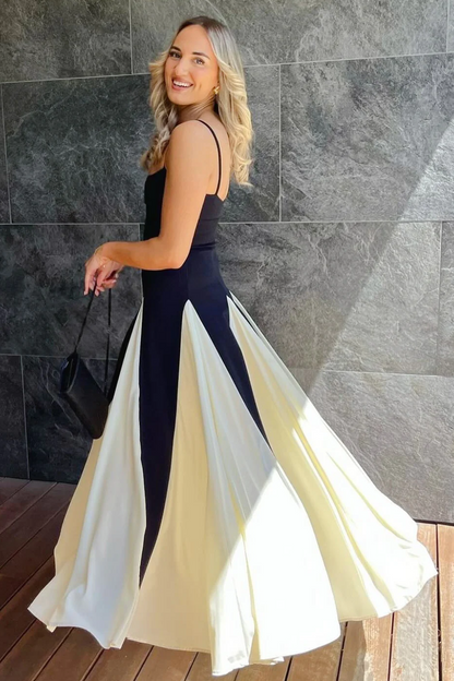 Spaghetti Straps A-Line Black&White Sleeveless Long Prom Dress