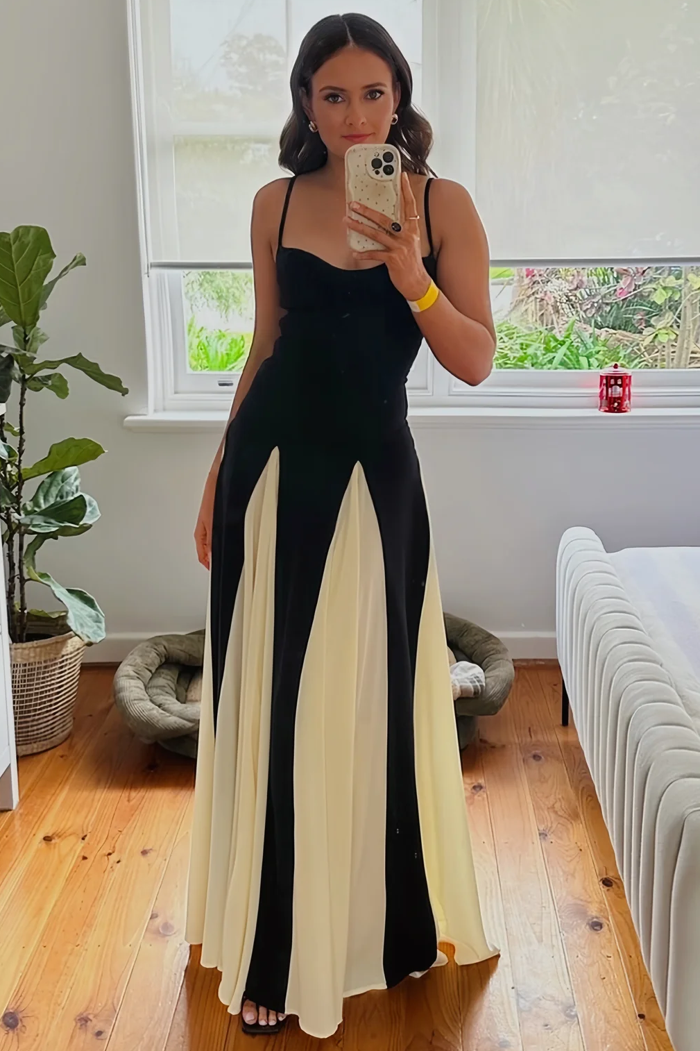 Spaghetti Straps A-Line Black&White Sleeveless Long Prom Dress