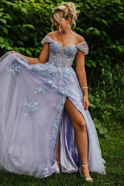 Off-Shoulder Illusion Lace Appliques Empire-Waist Tulle Long Prom Dress