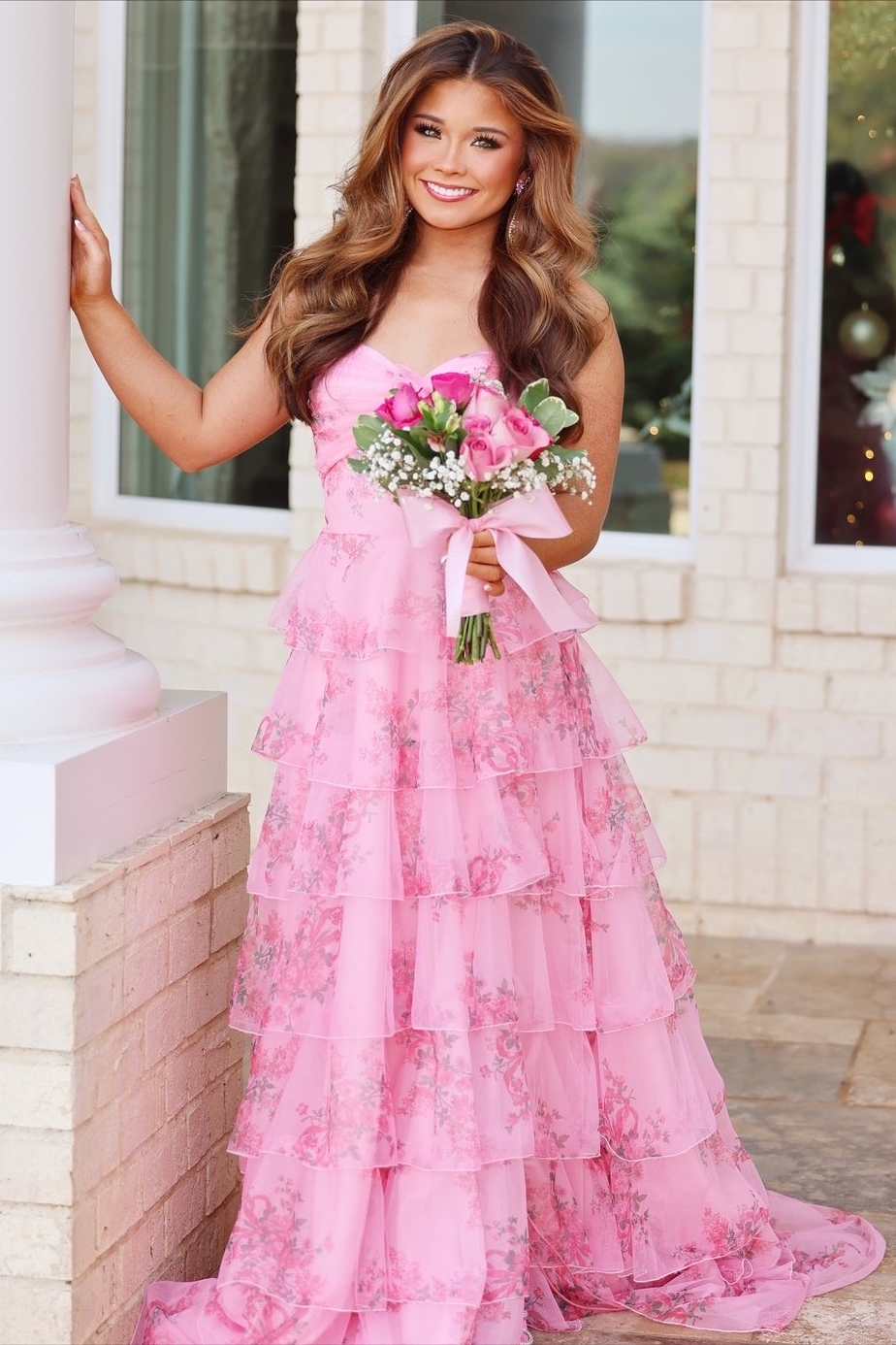 Stunning A-Line Strapless Print Tiered Empire-Waist Ruffles Long Prom Dress