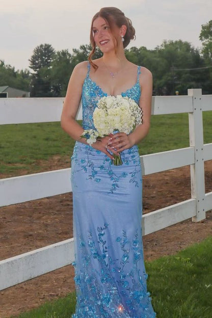 Blue Straps V-Neck Lace Appliques Sleeveless Mermaid Prom Dress