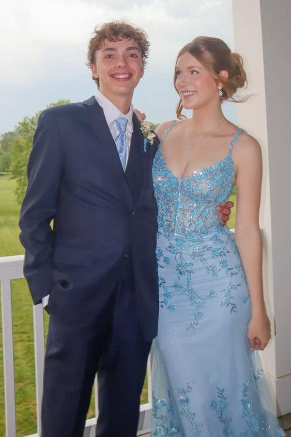 Blue Straps V-Neck Lace Appliques Sleeveless Mermaid Prom Dress