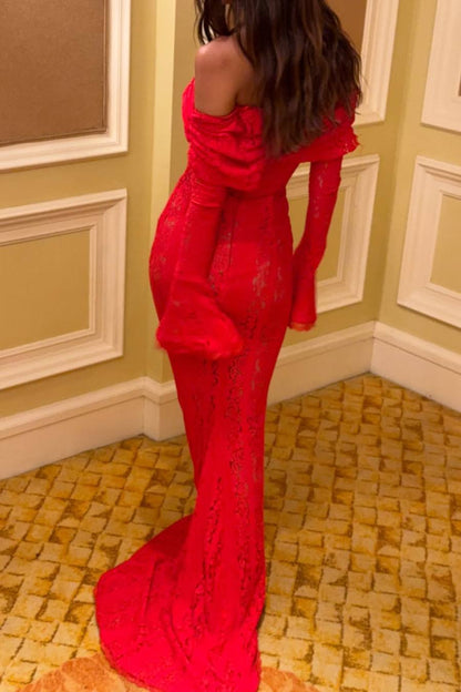 Red Off-Shoulder Mermaid Long Sleeves Lace Long Party Prom Dress