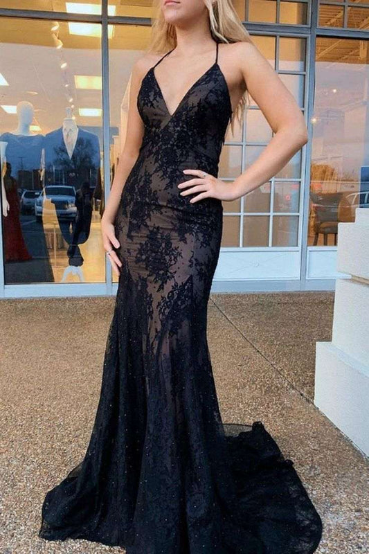 Black V-Neck Spaghetti Straps Lace Appliques Sleeveless Mermaid Prom Dress