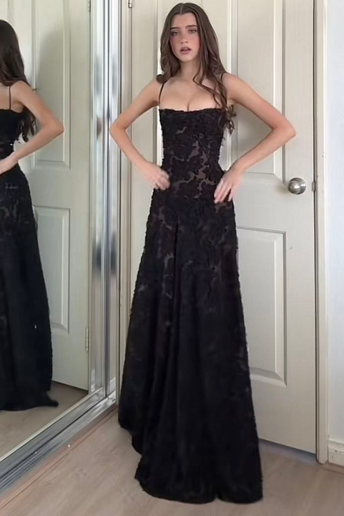 Spaghetti Straps Black Lace Appliques A-Line Sleeveless Long Prom Dress