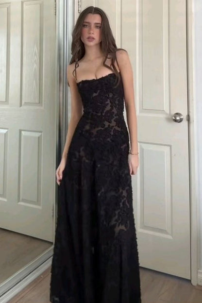 Spaghetti Straps Black Lace Appliques A-Line Sleeveless Long Prom Dress