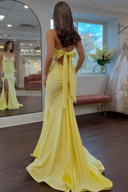 Yellow Strapless Mermaid Pleats High Slit Sleeveless Long Party Prom Dress