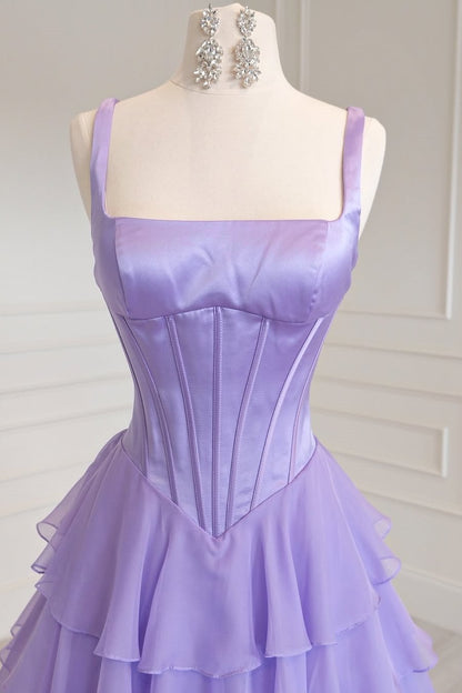 A-Line Straps Ruffles Chiffon Empire-Waist Sleeveless Long Prom Dress with Slit