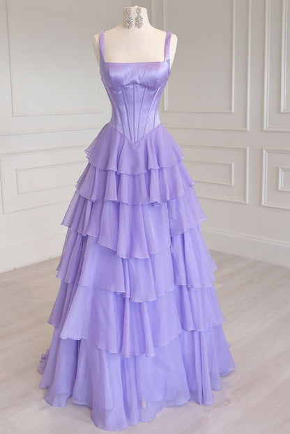 A-Line Straps Ruffles Chiffon Empire-Waist Sleeveless Long Prom Dress with Slit