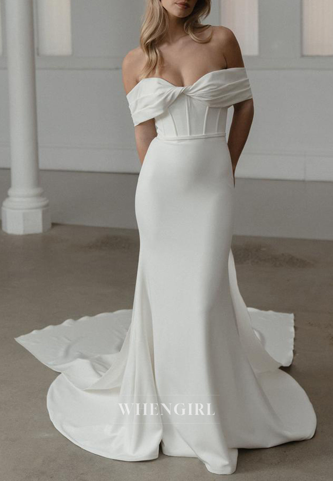 Simple Off Shoulder Sleeveless Sweep Train Sheath Wedding Dress