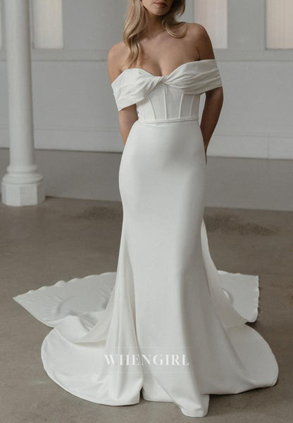 Simple Off Shoulder Sleeveless Sweep Train Sheath Wedding Dress