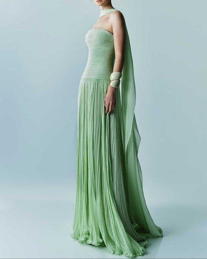 Green Pleated Sleeveless Ruched Formal Gown with Scarf
