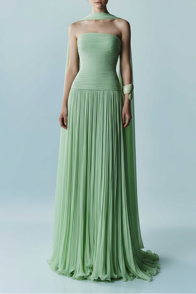 Green Pleated Sleeveless Ruched Formal Gown with Scarf