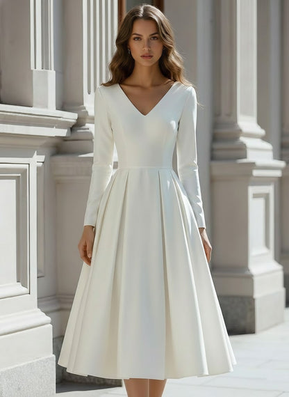 A-Line/Princess V-Neck Satin Wedding Dress Tea-length Long Sleeves