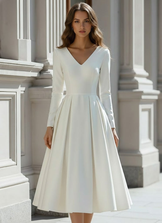 A-Line/Princess V-Neck Satin Wedding Dress Tea-length Long Sleeves