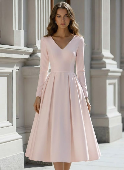 A-Line/Princess V-Neck Satin Wedding Dress Tea-length Long Sleeves