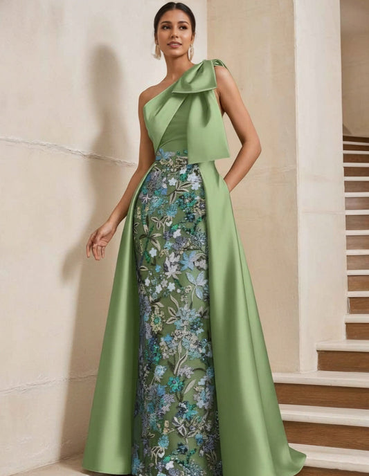 Column One-Shoulder Satin Mother of the Bride Dresses with Overskirt