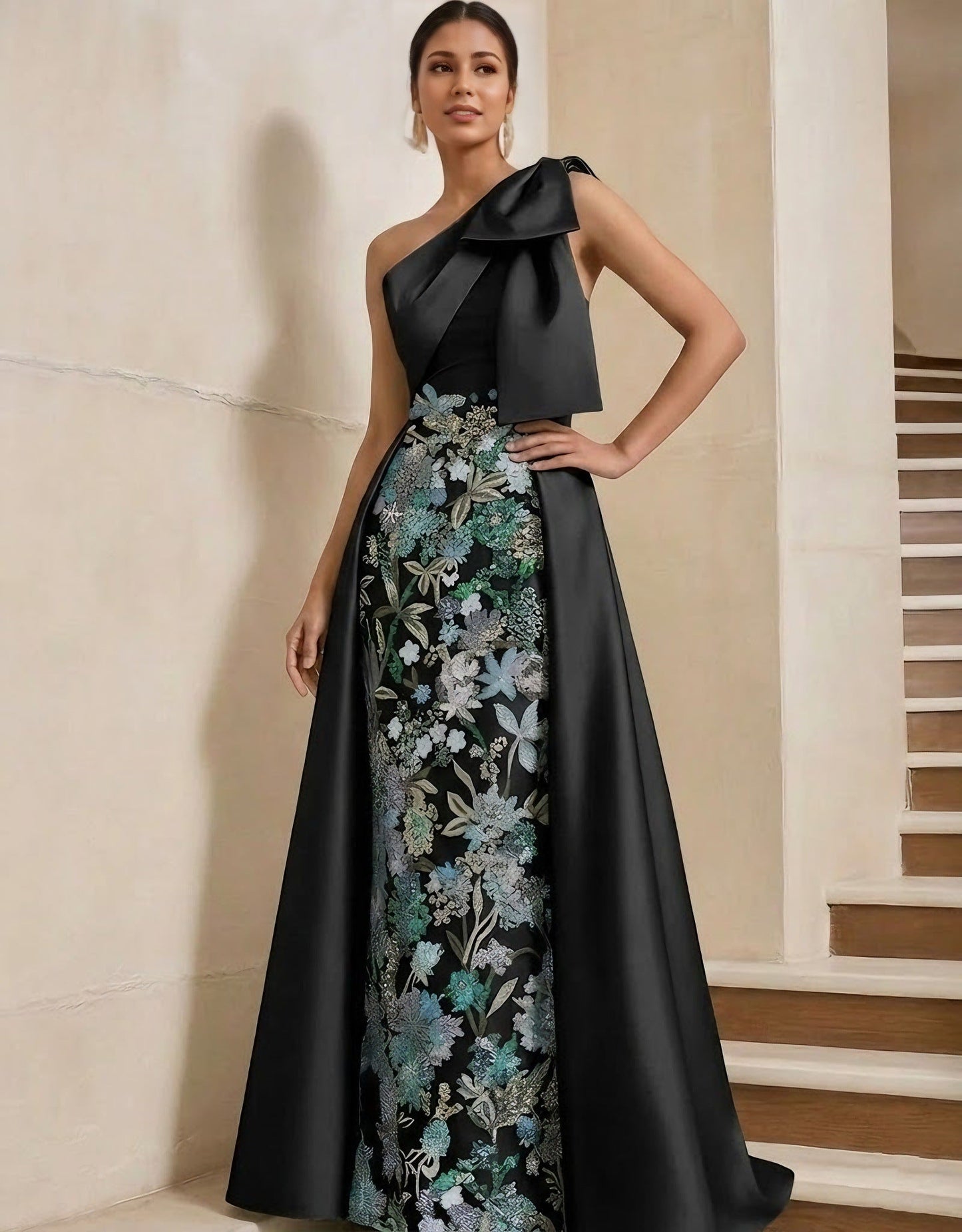 Column One-Shoulder Satin Mother of the Bride Dresses with Overskirt