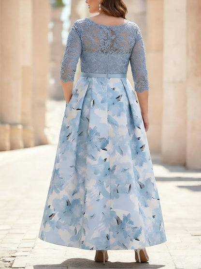 A-Line/Princess Scoop Satin Plus Size Mother of the Bride Dresses Lace Ankle-Length Half Sleeves Printed Flower