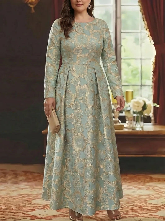 A-Line/Princess Scoop Jacquard Plus Size Mother of the Bride Dresses 3/4 Sleeves Ankle-Length Floral