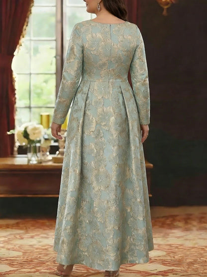 A-Line/Princess Scoop Jacquard Plus Size Mother of the Bride Dresses 3/4 Sleeves Ankle-Length Floral