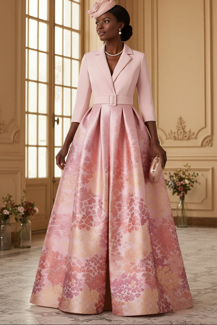 mother of the bride shirt dress A-Line/Princess Collar Stretch Satin Dresses 3/4 Sleeves Printed Satin Floral Floor-Length but much easier to Catia silk gown in Pack Size:Set of (27) Snap Shirt