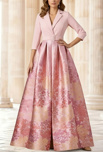 A-Line/Princess Shirt Collar Stretch Satin Mother of the Bride Dresses 3/4 Sleeves Printed Satin Floral Floor-Length