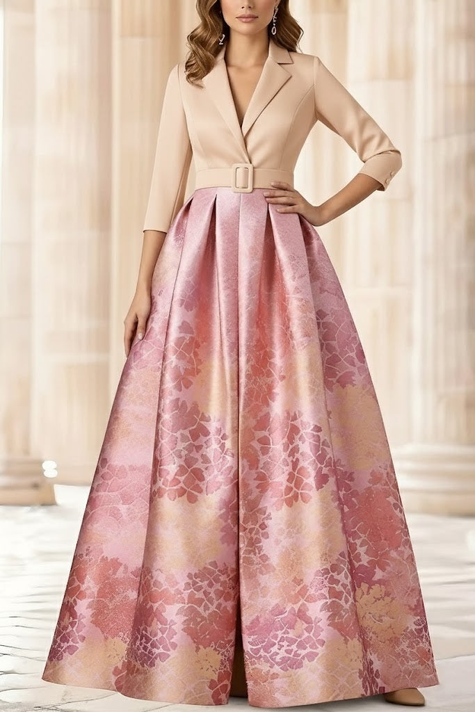 A-Line/Princess Shirt Collar Stretch Satin Mother of the Bride Dresses 3/4 Sleeves Printed Satin Floral Floor-Length