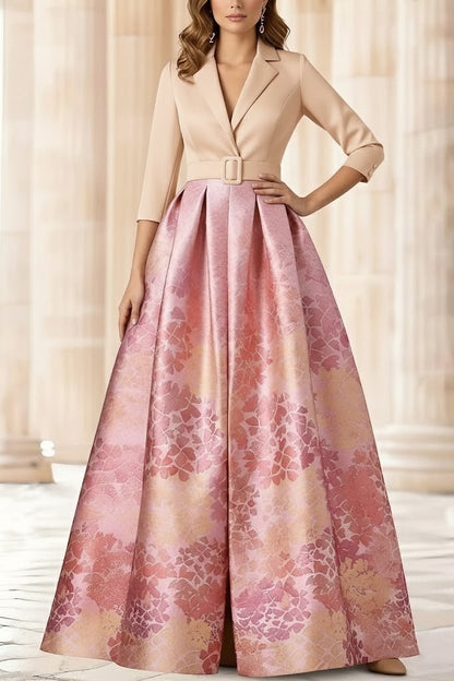 A-Line/Princess Shirt Collar Stretch Satin Mother of the Bride Dresses 3/4 Sleeves Printed Satin Floral Floor-Length