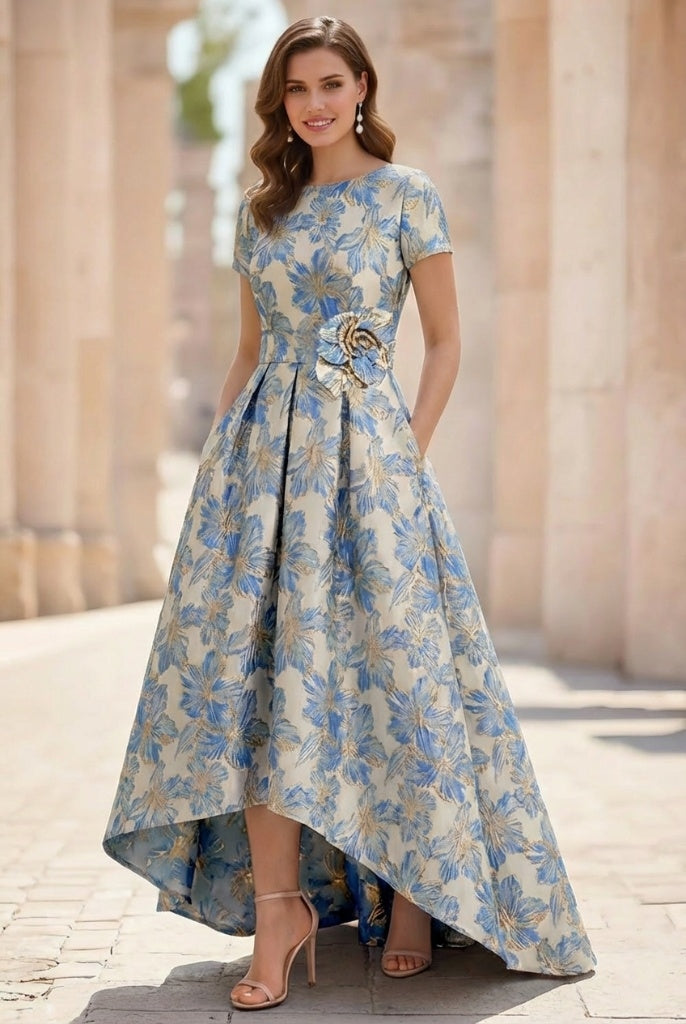 A-Line/Princess Scoop Printed Satin Mother of the Bride Dresses Short Sleeves Floral Asymmetrical Ankle-Length 3D Flower Pocket