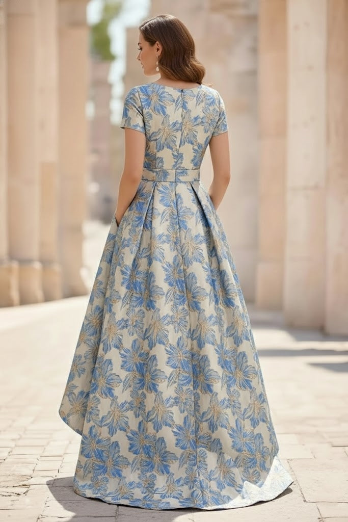 A-Line/Princess Scoop Printed Satin Mother of the Bride Dresses Short Sleeves Floral Asymmetrical Ankle-Length 3D Flower Pocket