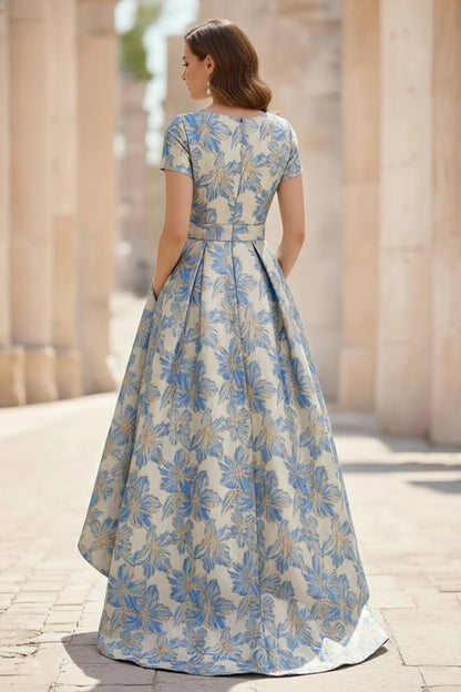 A-Line/Princess Scoop Printed Satin Mother of the Bride Dresses Short Sleeves Floral Asymmetrical Ankle-Length 3D Flower Pocket