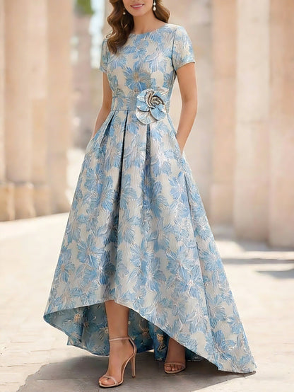 A-Line/Princess Scoop Printed Satin Mother of the Bride Dresses Short Sleeves Floral Asymmetrical Ankle-Length 3D Flower Pocket