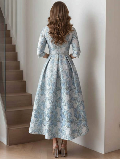 A-Line/Princess Scoop Printed Satin Mother of the Bride Dresses Half Sleeves Floral Tea-Length Sash