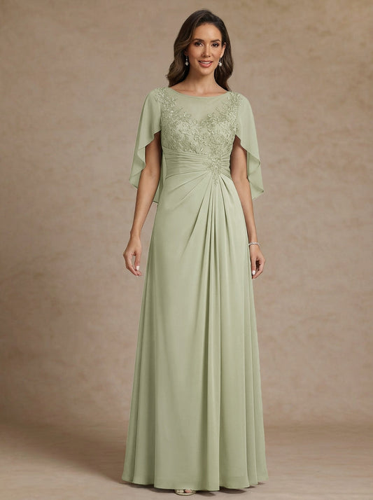 A-Line/Princess Scoop Chiffon Mother of the Bride Dresses Lace Floor-Length Cape Sleeves Ruched