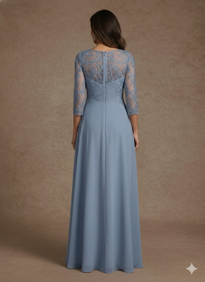 A-Line/Princess V-Neck Chiffon Mother of the Bride Dresses Floor-Length Half Sleeves Lace Appliques
