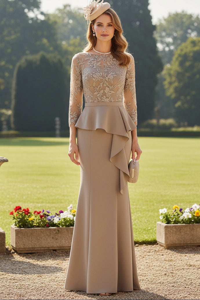 Trumpet/Mermaid Scoop Chiffon Mother of the Bride Dresses Lace Floor-Length 3/4 Sleeves Ruffles
