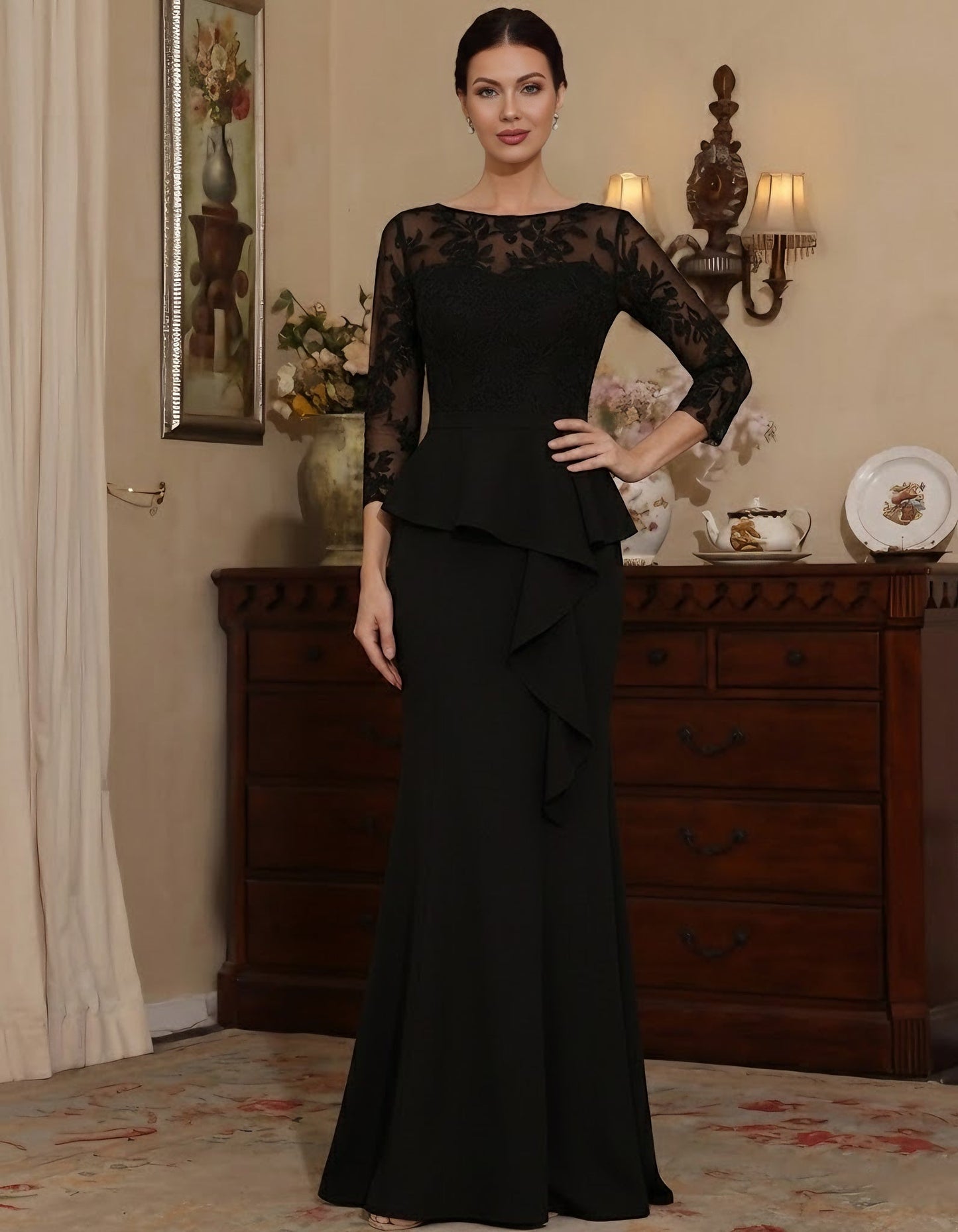 Trumpet/Mermaid Scoop Chiffon Mother of the Bride Dresses Lace Floor-Length 3/4 Sleeves Ruffles