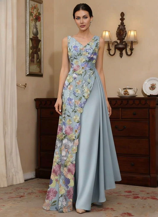 A-Line/Princess V-Neck Stretch Satin Mother of the Bride Dresses Floral Lace Floor-Length Sleeveless Ruffles