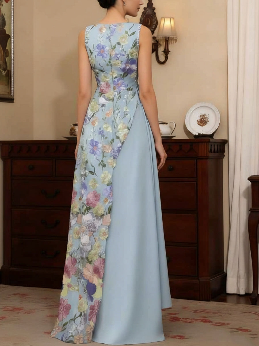 A-Line/Princess V-Neck Stretch Satin Mother of the Bride Dresses Floral Lace Floor-Length Sleeveless Ruffles