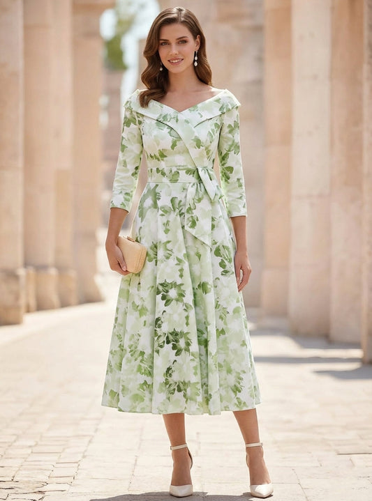 A-Line/Princess Off-the-Shoulder Printed Satin Mother of the Bride Dresses 3/4 Sleeves Floral Tea-Length