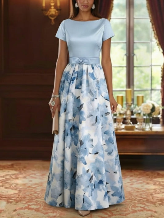 A-Line/Princess Boat Neck Satin Mother of the Bride Dresses Floral Floor-Length Short Sleeves Bowknot