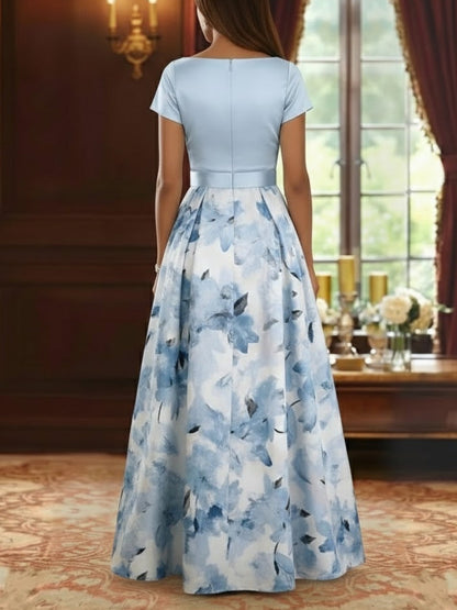A-Line/Princess Boat Neck Satin Mother of the Bride Dresses Floral Floor-Length Short Sleeves Bowknot
