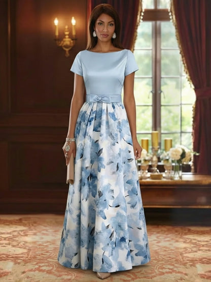 A-Line/Princess Boat Neck Satin Mother of the Bride Dresses Floral Floor-Length Short Sleeves Bowknot