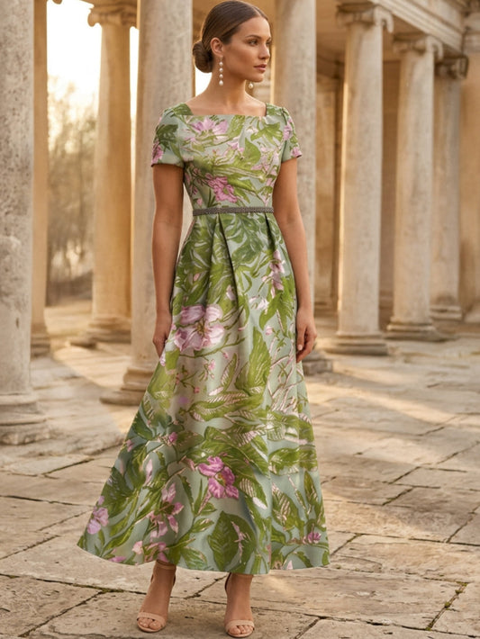 A-Line/Princess Square Collar Satin Mother of the Bride Dresses Floral Ankle-Length Short Sleeves