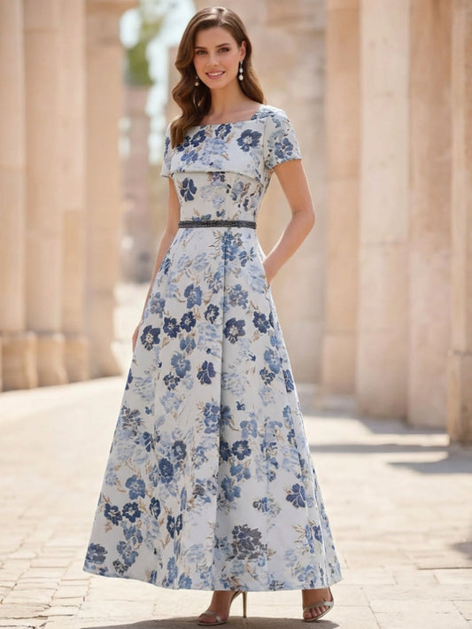 A-Line/Princess Square Collar Jacquard Mother of the Bride Dresses Floral Ankle-Length Short Sleeves