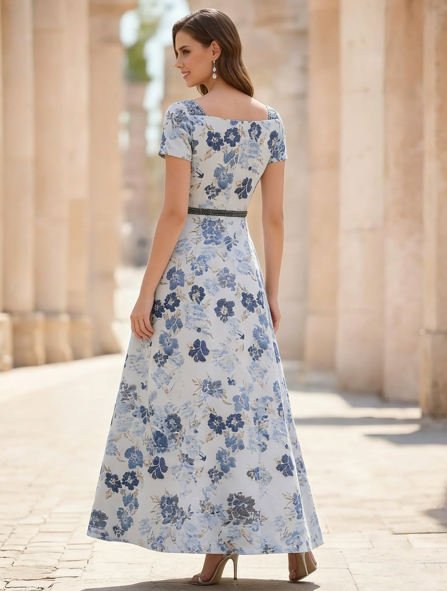 A-Line/Princess Square Collar Jacquard Mother of the Bride Dresses Floral Ankle-Length Short Sleeves